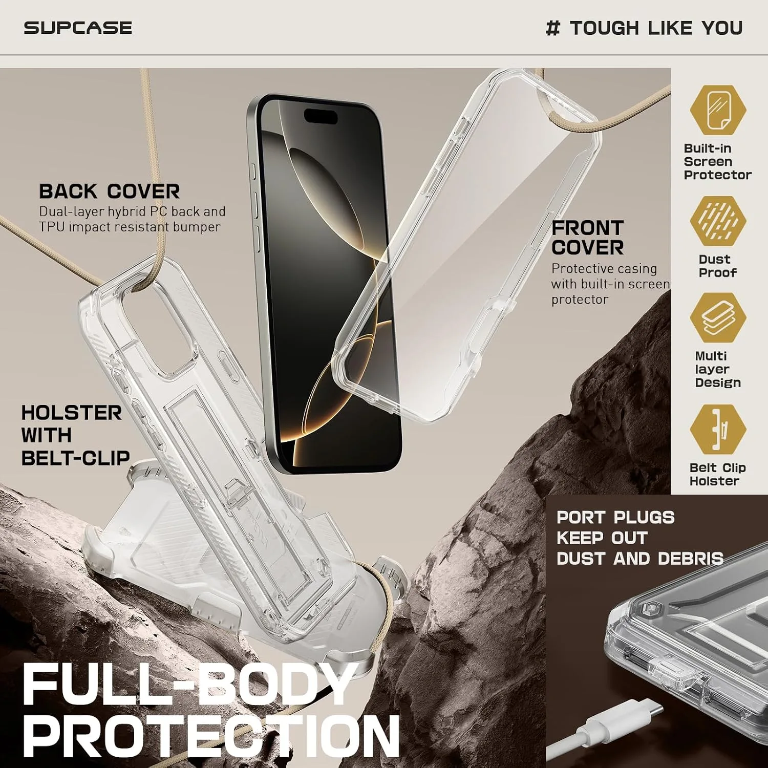 SUPCASE for iPhone 16 Pro Max Case with Screen Protector & Stand, Clear