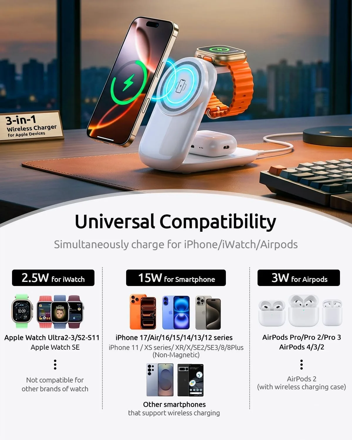 3 in 1 Charging Station, Foldable Magnetic Travel Wireless Charger