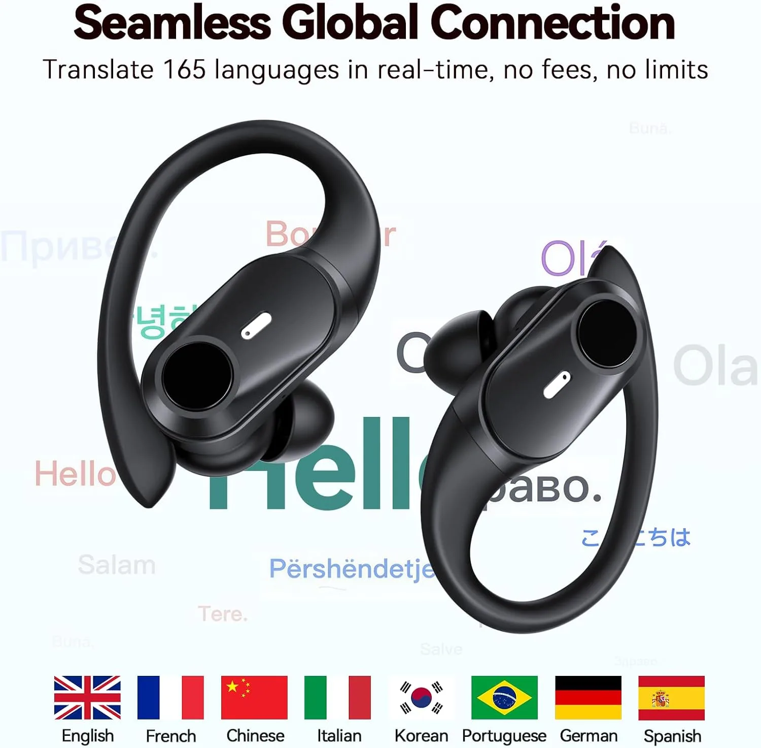 Active Noise Cancelling Ear Buds Wireless Bluetooth Headphones 80H Playtime Display Charging Case 50dB ANC Over Ear Hooks Earbuds with Hi-Res Sound Clear Calls for Sports Running AI Translation Black