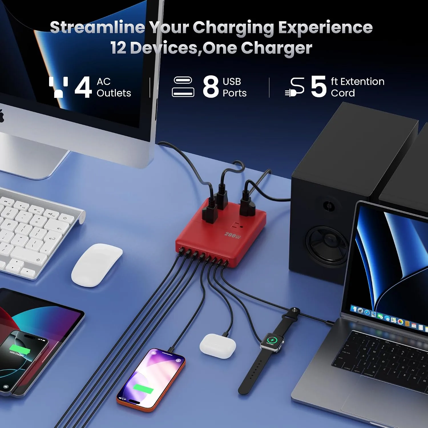200W Charging Station,12-in-1 USB C Power Strip with Flat Plug and 5ft Extension Cord,4 AC Outlets,4 USB-A,4 USB-C Ports for iPhone 17/16/15,65W PD Fast Laptop Charger for MacBook,Home,Office (Red)