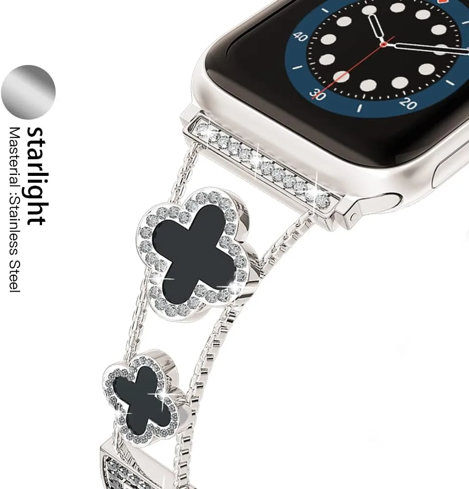 Musk-MSKR Diamond Metal Bands Add Sparkle to Your Watch For Apple Watch Series 12/11/10/9/8/7/6/5/4/3/2/SE/Ultra Clover Simple and Stylish Compatible with 38mm40mm41mm42mm44mm45mm 46mm49mm Women's Wear