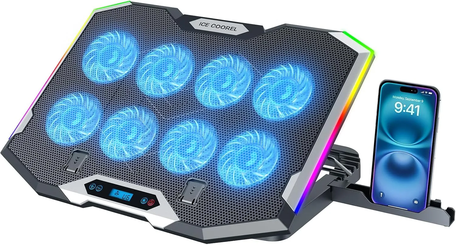 Base de enfriamiento para laptop Ice Coorel Gaming con 8 ventiladores y RGB para 15-17.3 pulgadas