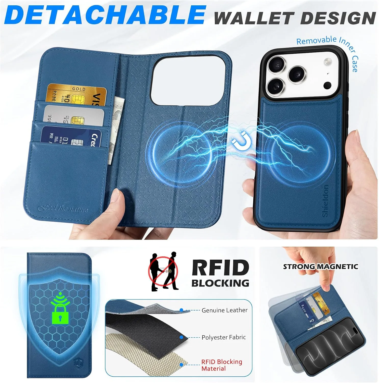SHIELDON Detachable Case Wallet for iPhone 18 Pro/17 Pro 6.3", Royal Blue