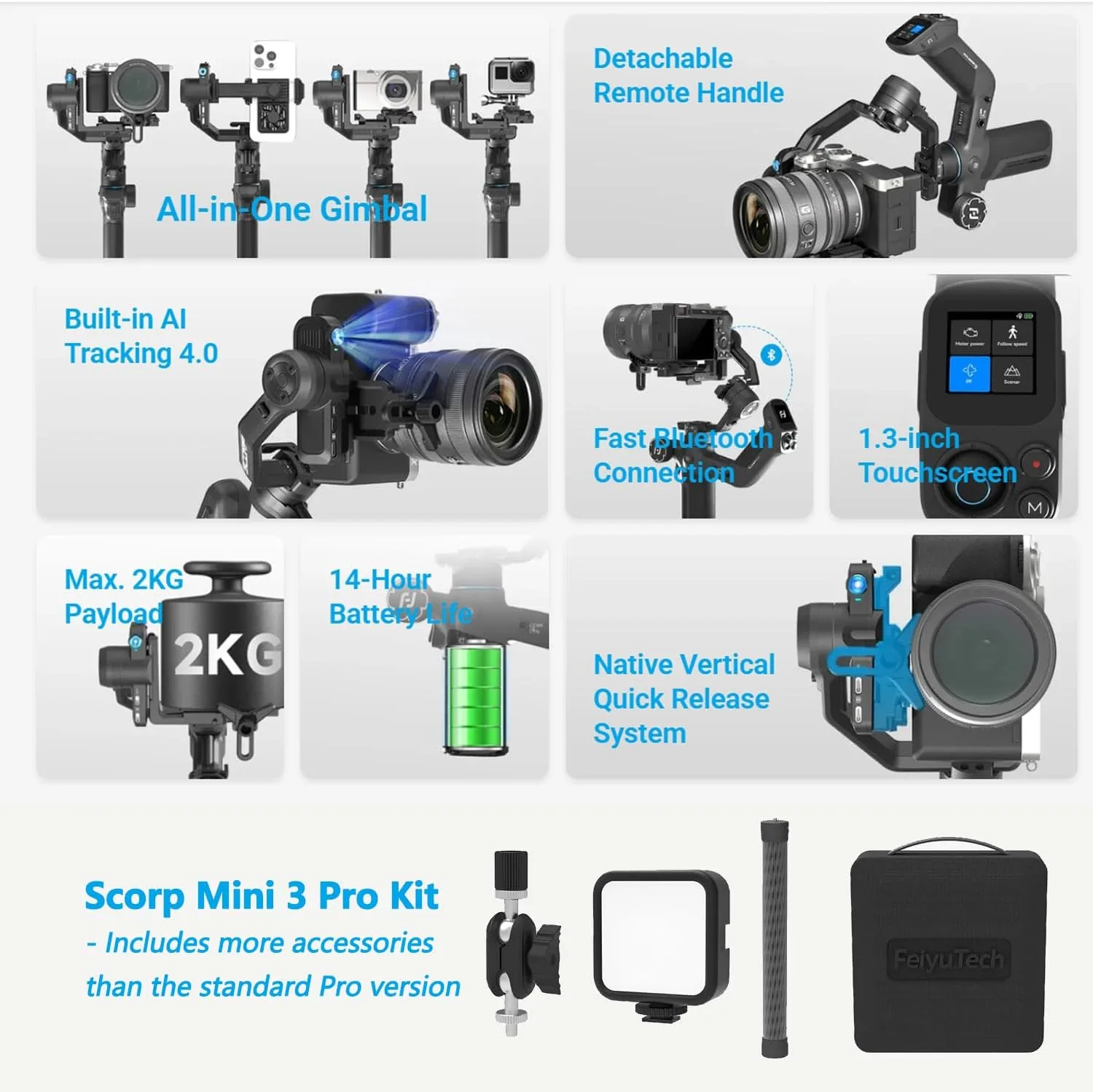 Feiyu SCORP Mini 3 Pro Kit, Gimbal Stabilizer for Camera,iPhone,Action Cam