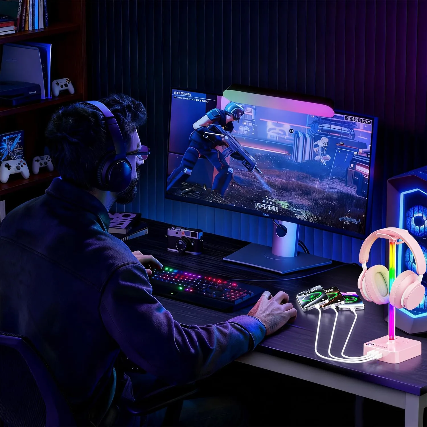 cozoo Headphone Stand with Charger, USB C, Gifts for Gamers Men, Pink Pro
