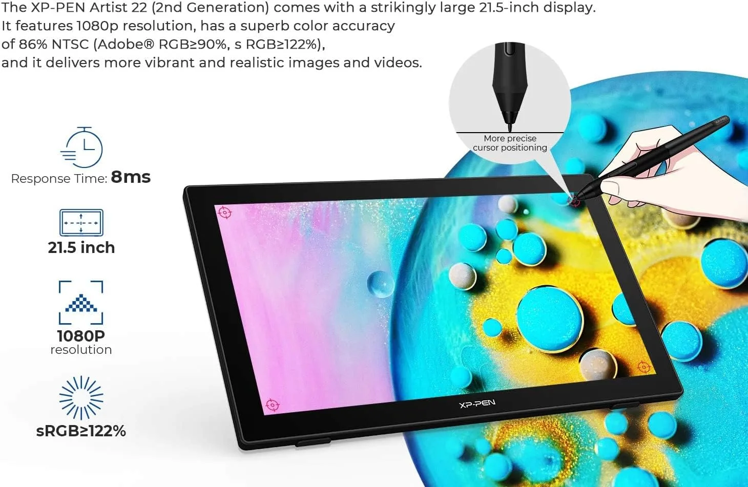 Drawing Tablet with Screen XPPen Artist 22 2nd Computer Graphics Tablet 122% sRGB with 8192 Levels Tilt Function Battery-Free Stylus, 21.5inch Pen Display Compatible with Windows, Mac, Linux