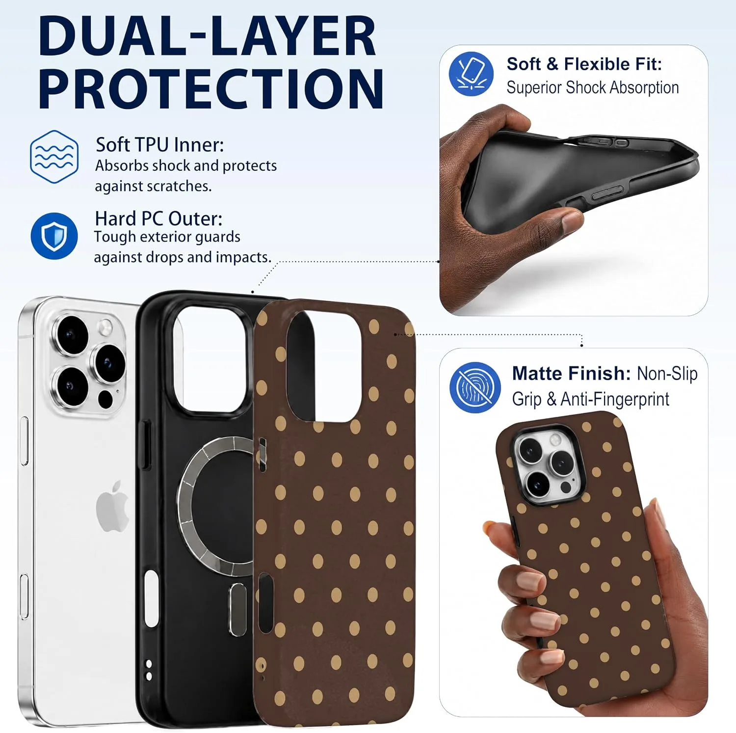 Magnetic for iPhone 16 Pro Phone Case, Brown and Cream Polka Dot