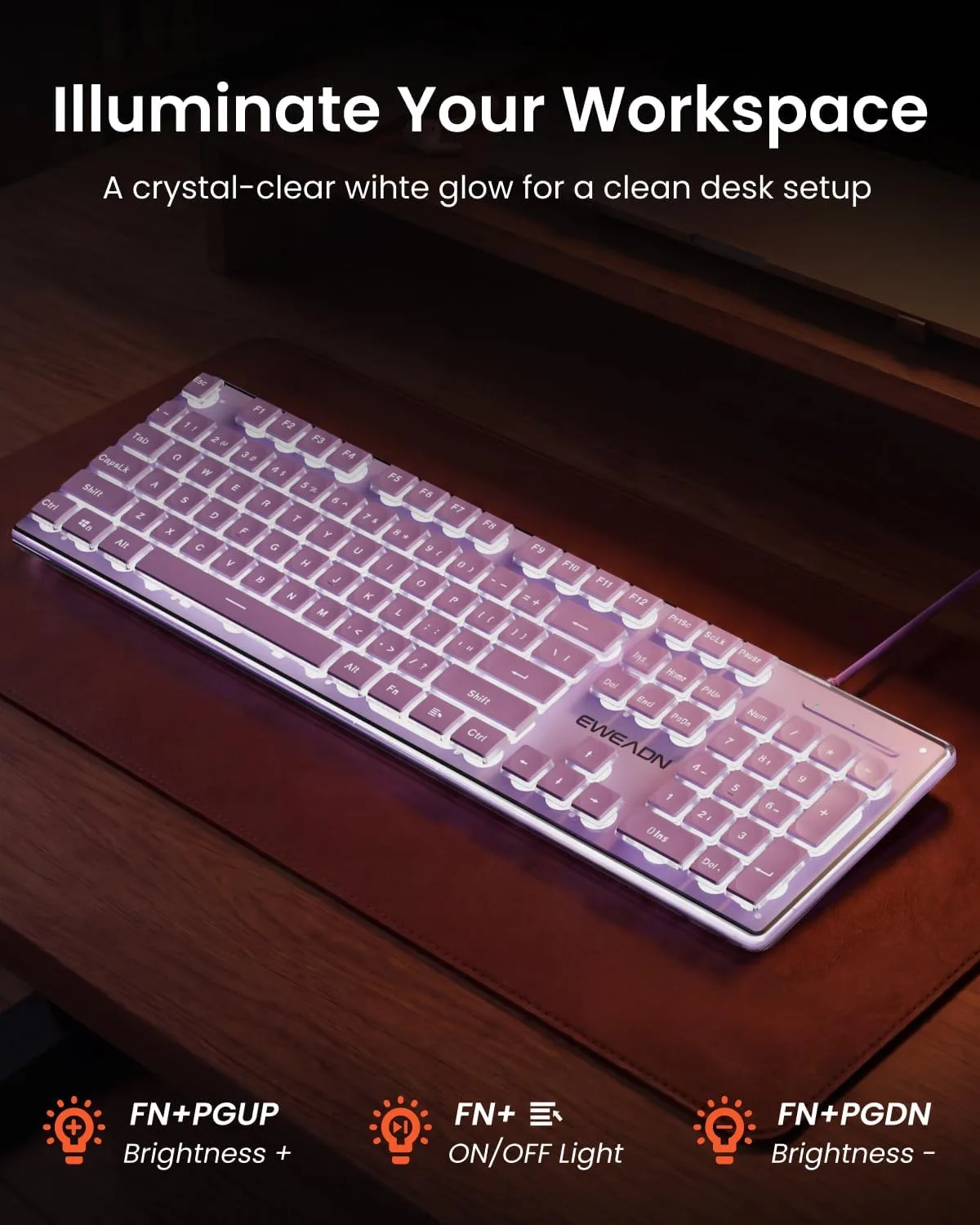 Wired Keyboard with White Backlit, Never Fade, Soft Click Typing, Purple