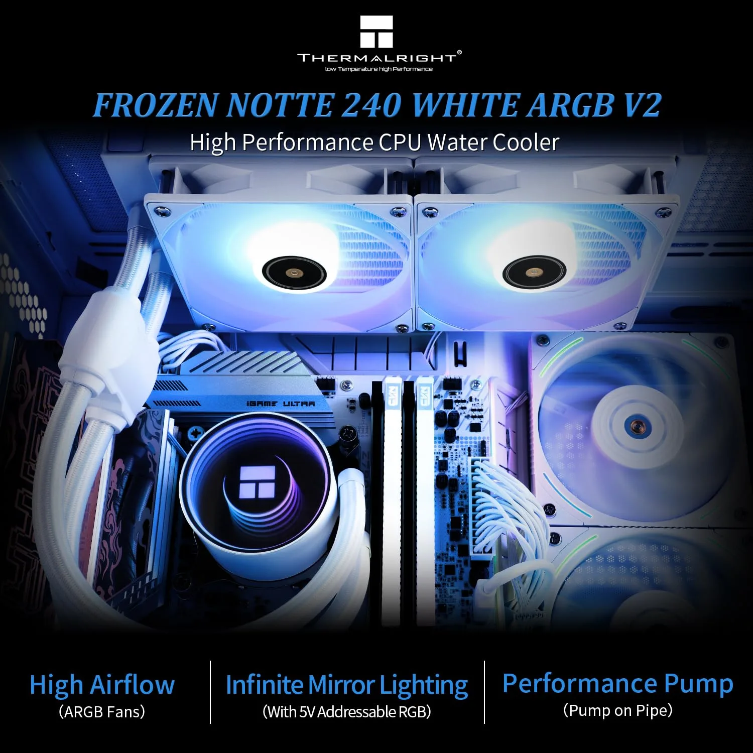 Thermalright Frozen Notte 240 White ARGB V2 Water Cooling CPU Cooler,240 White CPU Cooler Specifications, Double PWM Fans,S-FDB Bearings, Suitable for AMD/AM4 AM5, Intel LGA 1700/1150/1151/1200/2011