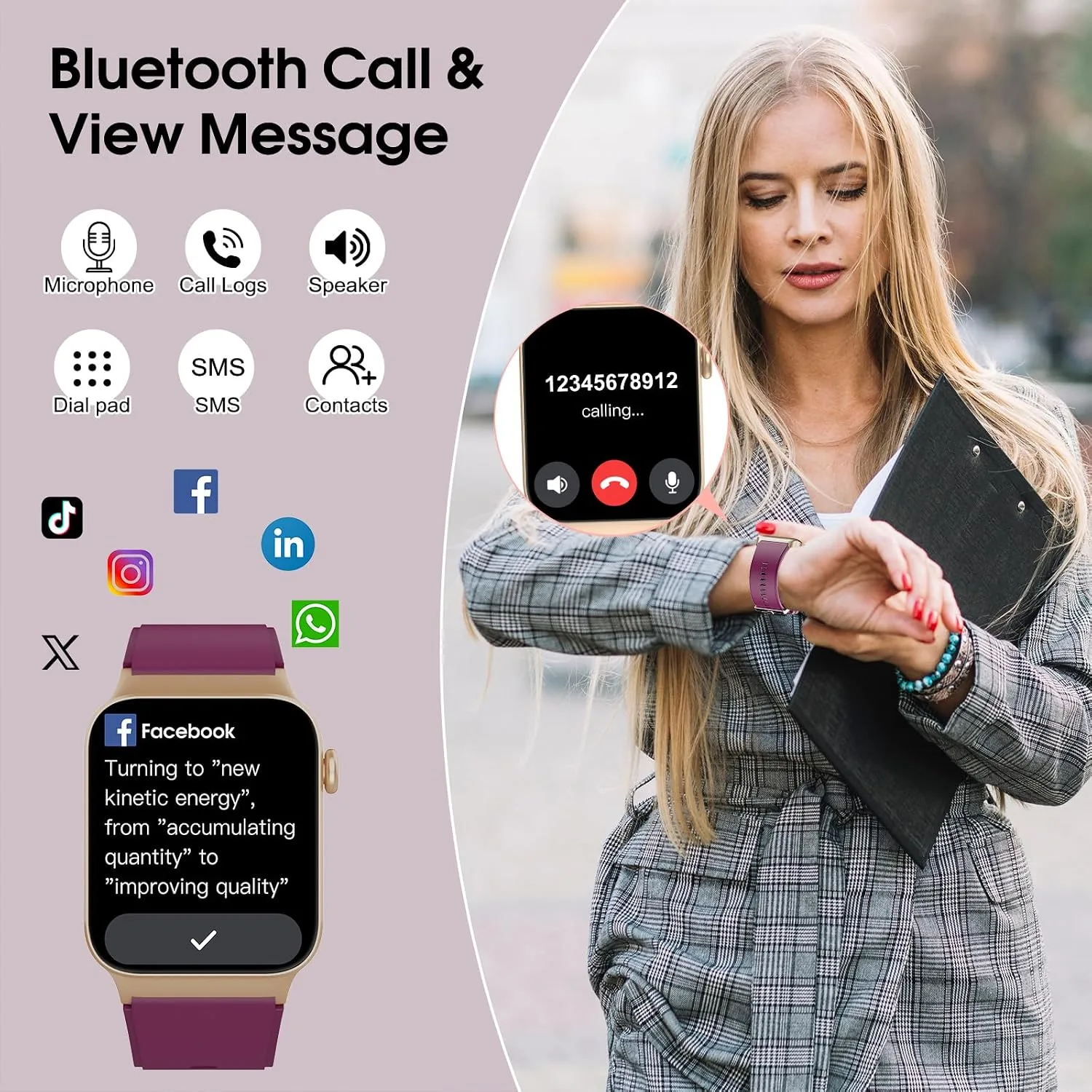 STECEi Smart Watch for Men Women Bluetooth Call, 1.85" HD Screen Smartwatch with Heart Rate/Sleep Monitor, 110+ Sport Modes Activity Trackers IP68 Waterproof, Fitness Watch for Android, Magenta Purple