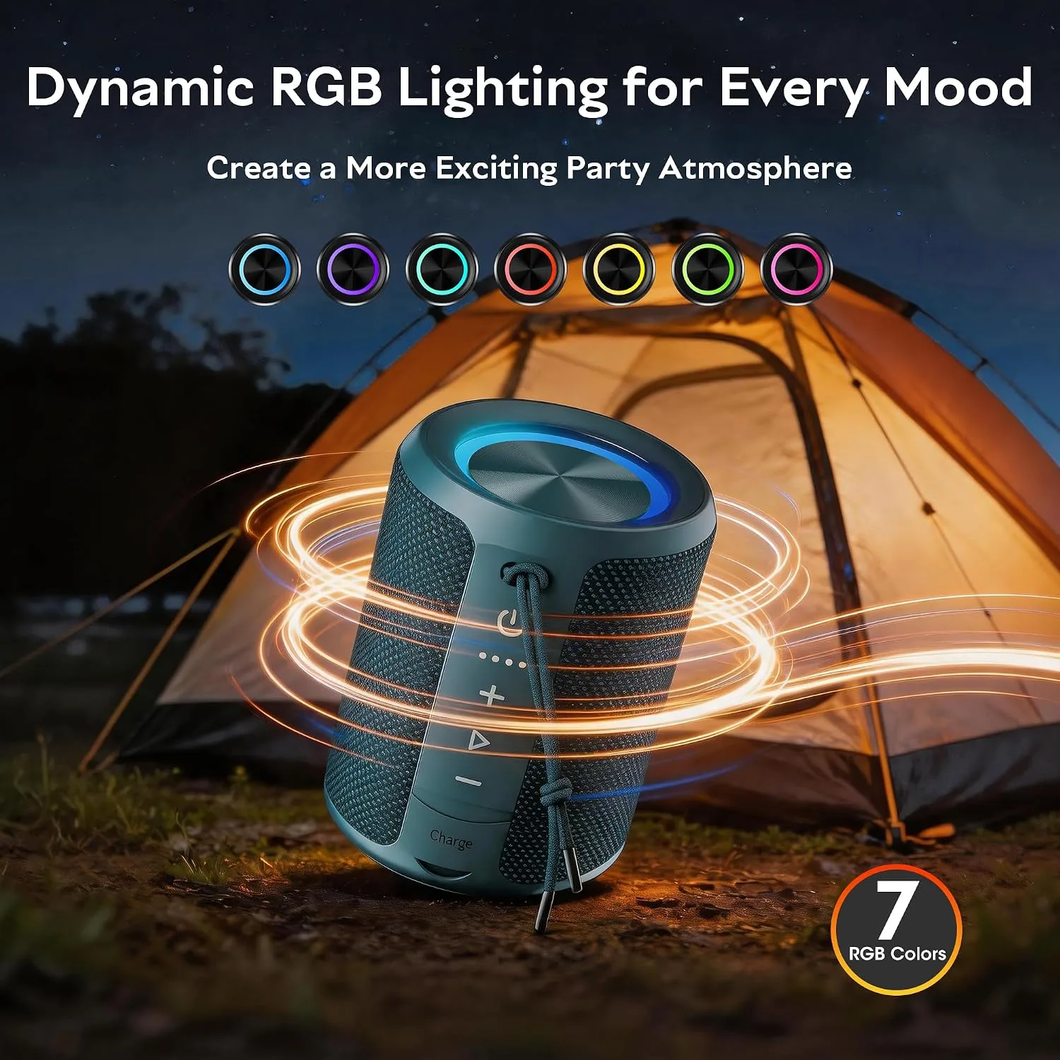 Portable Bluetooth Speaker, IPX7 Waterproof Wireless Speaker with 20W Loud Stereo Sound, 15H Playtime & Beat-Synced RGB Light, Small Outdoor Speaker for Shower, Pool, Beach,Hiking,Gifts(Blue)