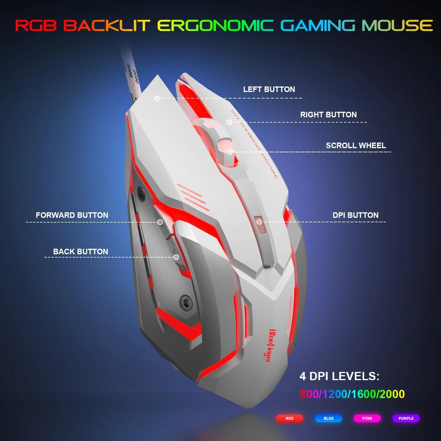 BlueFinger RGB Gaming Keyboard and Backlit Mouse and Headset Combo, USB Wired Backlit Keyboard, LED Gaming Mouse Set, Headset with Microphone for Laptop PC Computer Game and Work, White