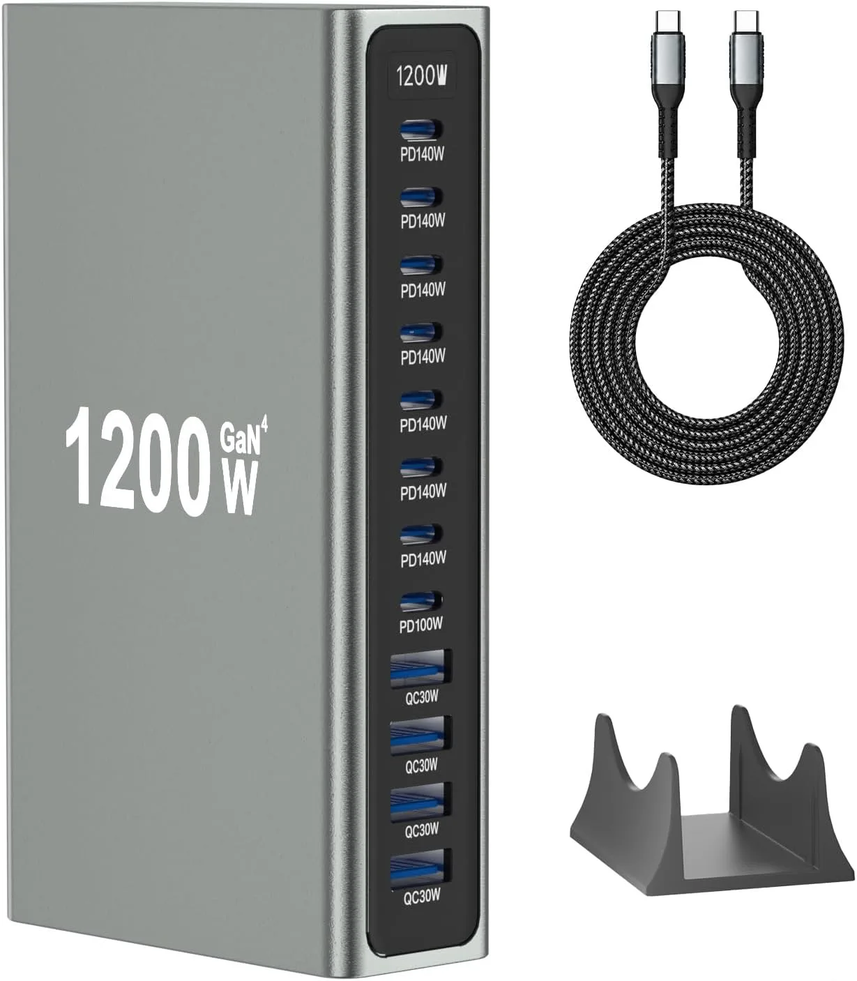 1200W GaN4 USB C Desktop Charging Station with 6.6FT 240W Cable, 12-in-1 Multiport Fast Charger Hub with Stand, 7X PD 140W Multi-Device Power Station for Laptops Tablets and Phones