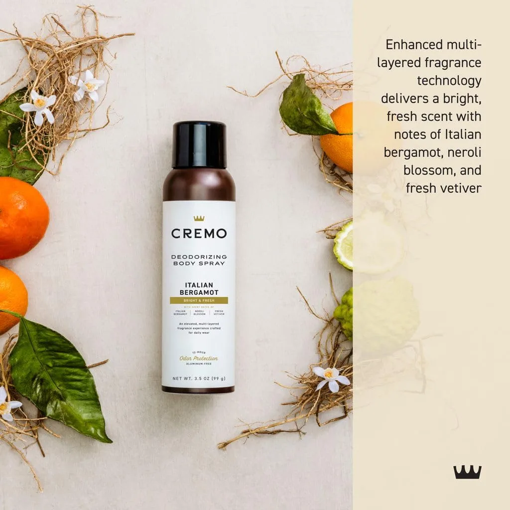 Cremo Deodorizing Body Spray for Men, Italian Bergamot, 3.5 Fl OZ