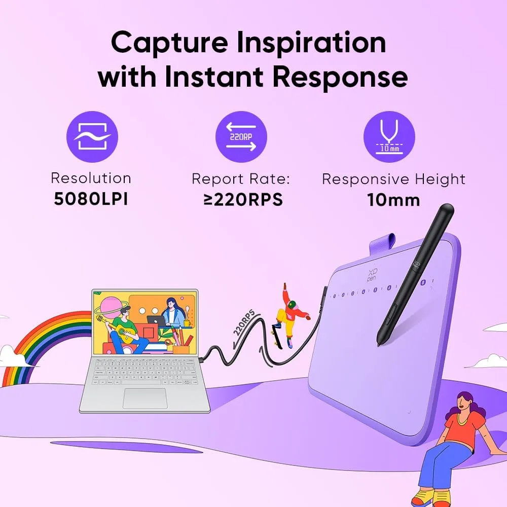 XPPen Deco 640 Purple Drawing Tablet with 16384 Pressure Levels Sensitivity
