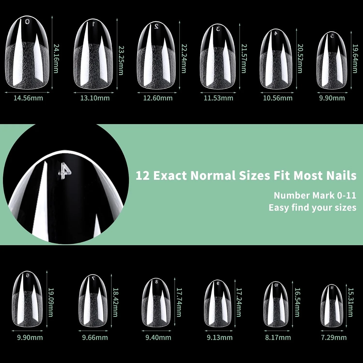 LEYKOSH Medium Round Oval Nail Tips, 216 Pcs Clear Gel Fake Nails, 12 Sizes
