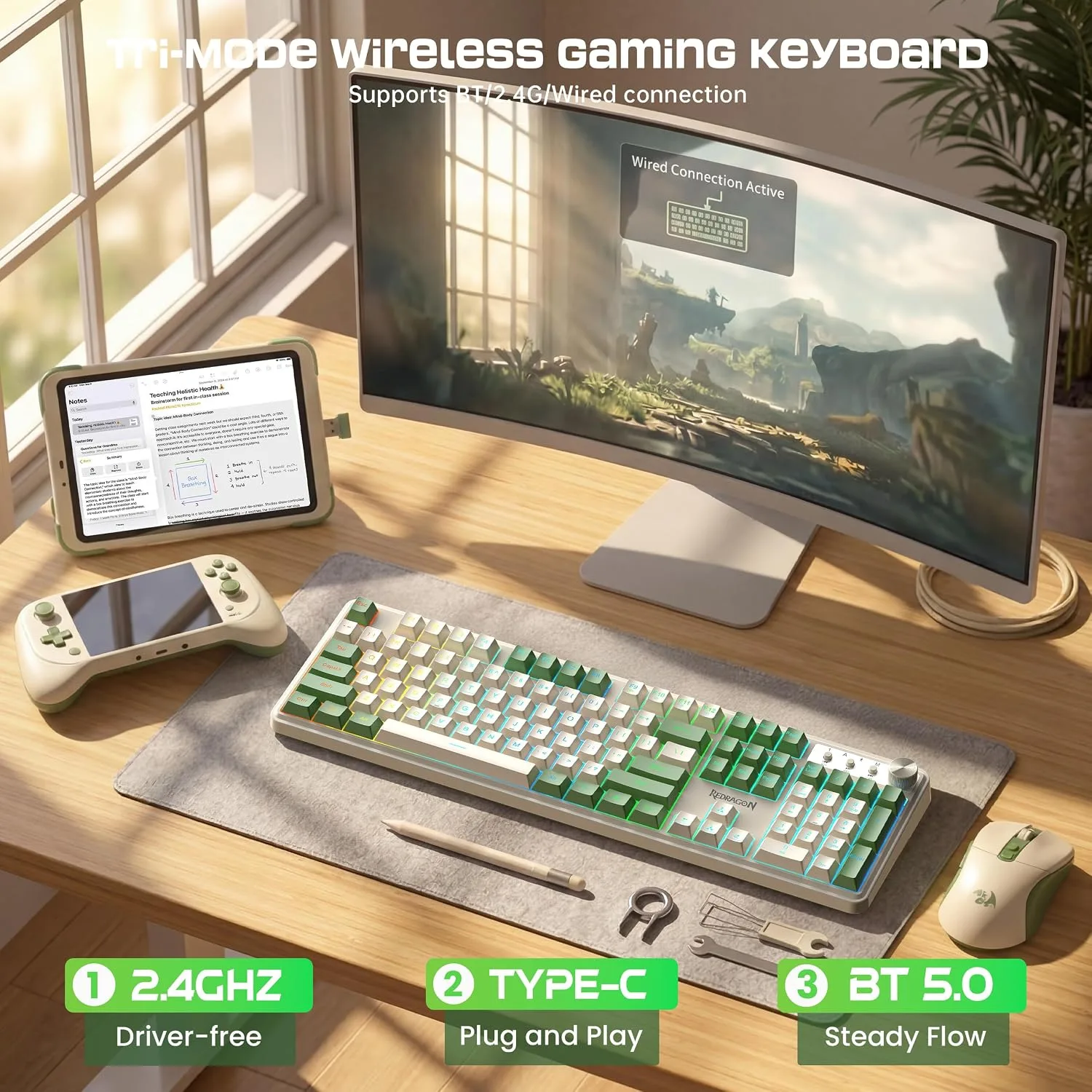 Redragon RM104 Wireless Gaming Keyboard with Knob, Tri-Mode BT/2.4G/USB-C RGB Computer Keyboards, 4000mAh Battery, Programmable Software Support, Anti-Ghosting, Compatible with PC Mac - White & Green