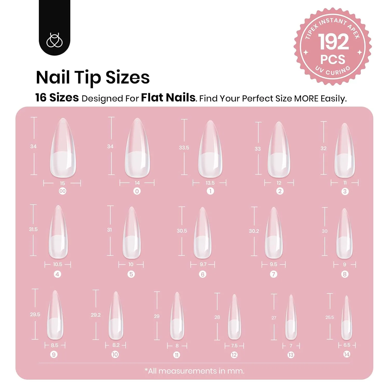 Beetles Tipex Instant Apex Nail Tips, Long Stiletto, 192pcs 16 Sizes(00-14)