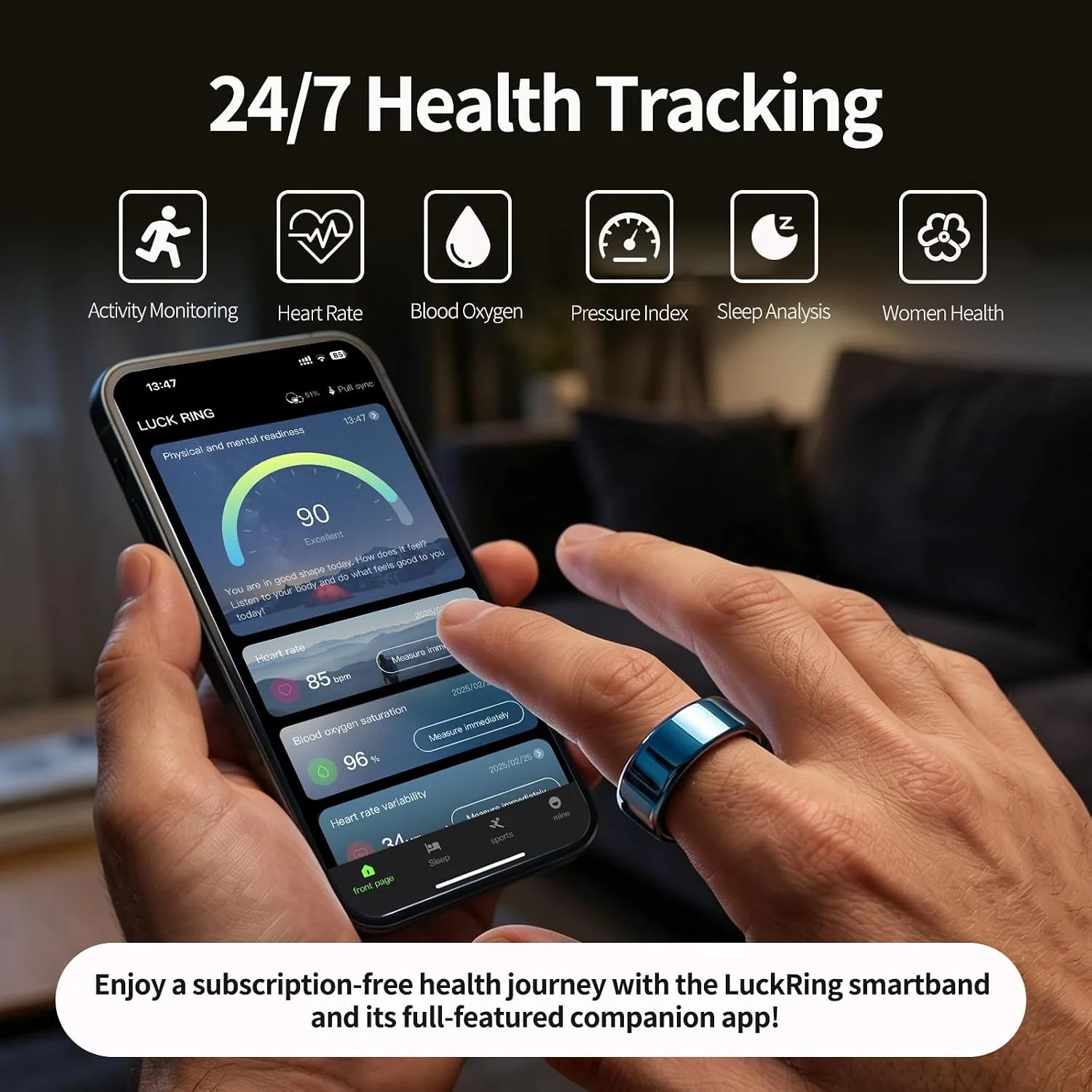 Mirlray Smart Ring for Women & Men, Smart Ring Health Tracker, Blood Oxygen & Heart Rate Monitor, Long Lasting Battery Sleep Ring, Waterproof Fitness Ring (Ti-Blue, 8)