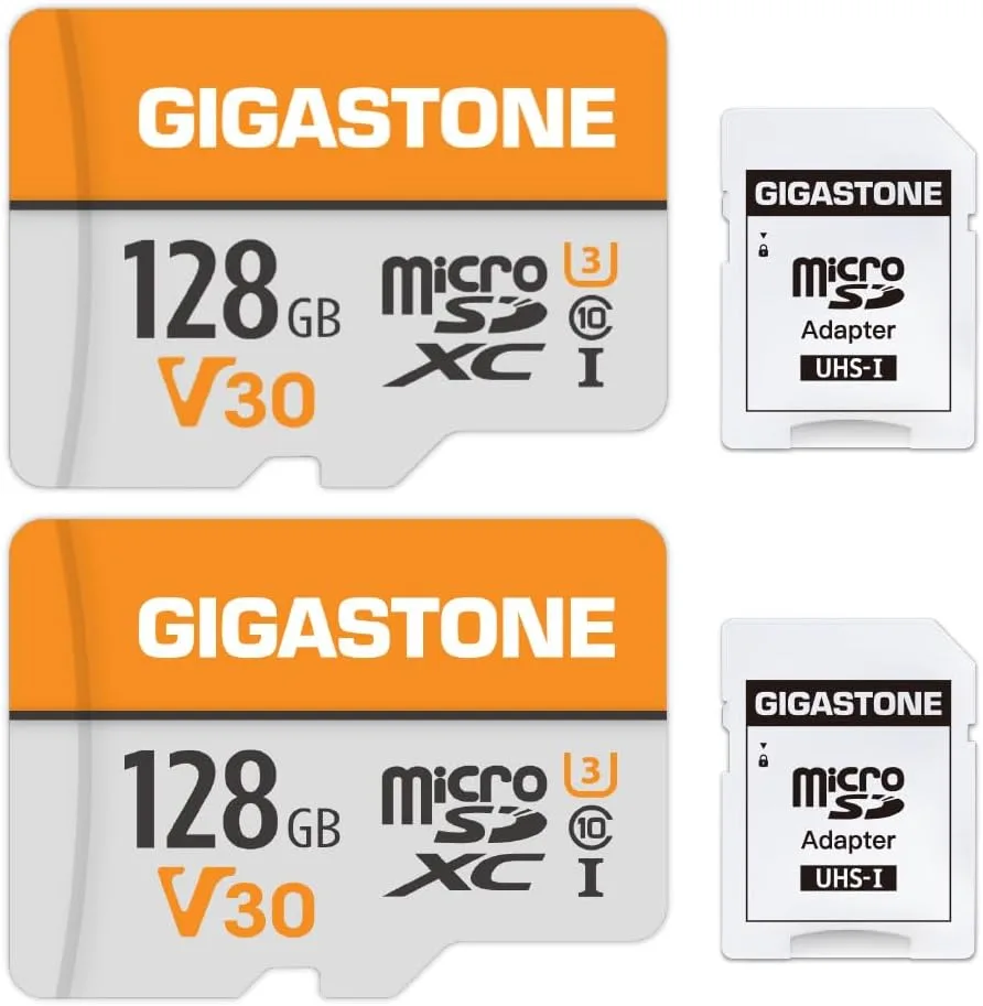 GIGASTONE 128GB Micro SD Card 2-Pack, A1 V30 4K Video Recording, Compatible with Security Camera, Dash cam, Drone, 95MB/s MicroSDXC Memory Card UHS-I Class 10, with 2 SD Adapter