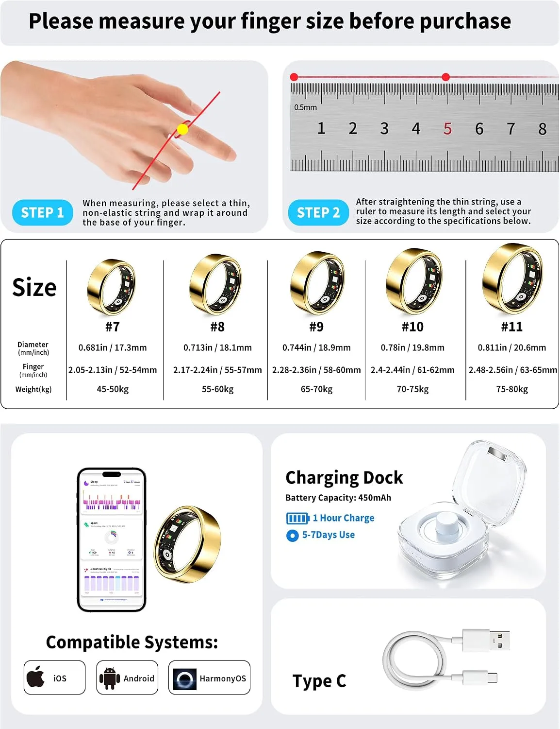 Smart Ring for Women Men Fitness Tracker Heart Rate Sleep Trends 128 Sports Modes Gesture Control Cycle Tracking IP68 Waterproof No Subscription Compatible with iPhone Android (Gold, Size 9)