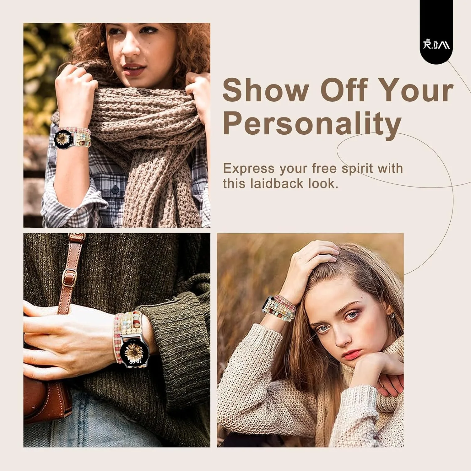 JR.DM Boho Beaded Handmade Braided Bracelet Band Women 20mm Compatible with Samsung Galaxy Watch 7/6/5/4/Active 2/4 Classic/6 Classic/5 Pro/FE 40mm 42mm 43mm 44mm 45mm 46mm 47mm
