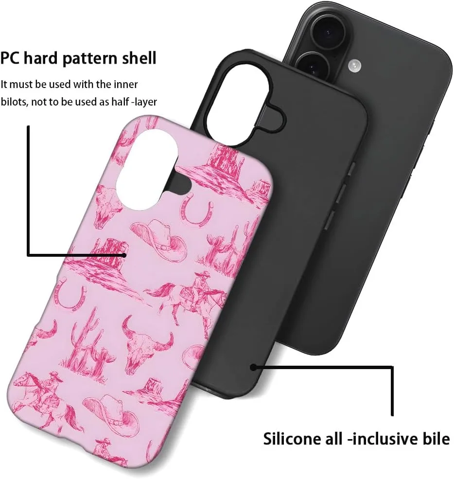 Case Compatible with iPhone 17,Fall Prevention Hybrid 2-Layer Hard Shell Phone Cover for Girls Boys,Pink Hat Horse Western Cowboy