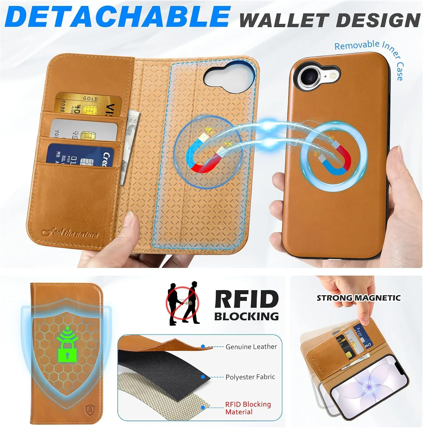 SHIELDON Removable Leather Wallet Case for iPhone 17e, Retro Light Brown