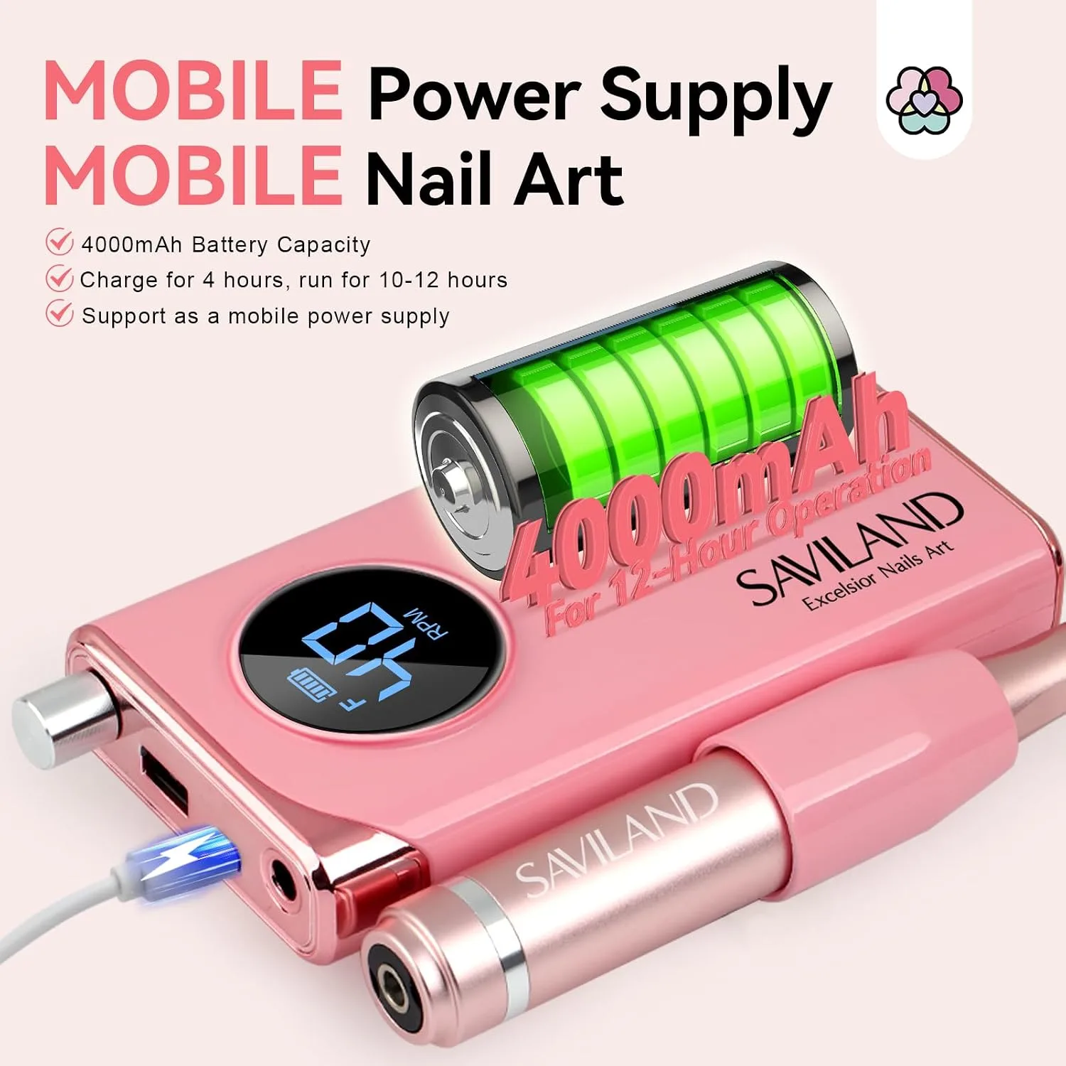 SAVILAND Electric Nail Drill Professional: 40000RPM Pink Rechargeable Portable Electric Nail Filer with 6000mAh Battery, for Shaping, Removing & Polishing Acrylic Nails Home Salon Manicure Gift