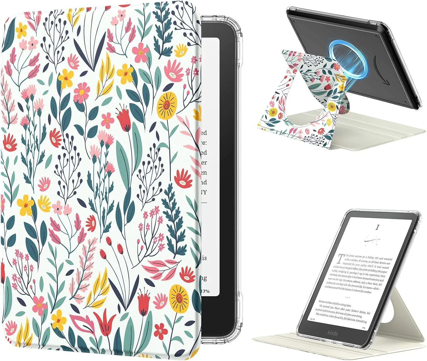 MoKo 360°Rotating Case for 7" Kindle Paperwhite 12th Gen/Colorsoft, Flowers