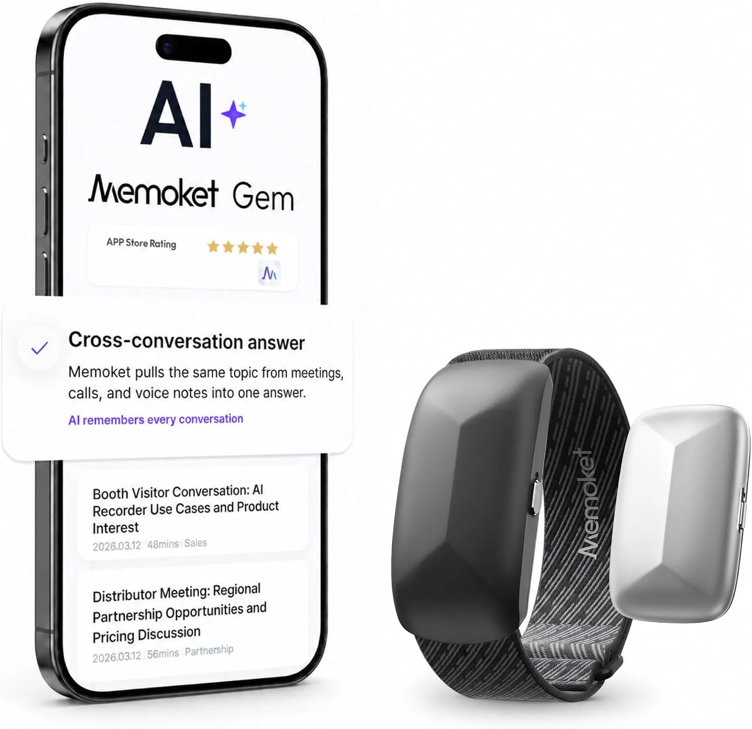 Gem Wearable AI Voice Recorder, Transcribe & Summarize, Wristband