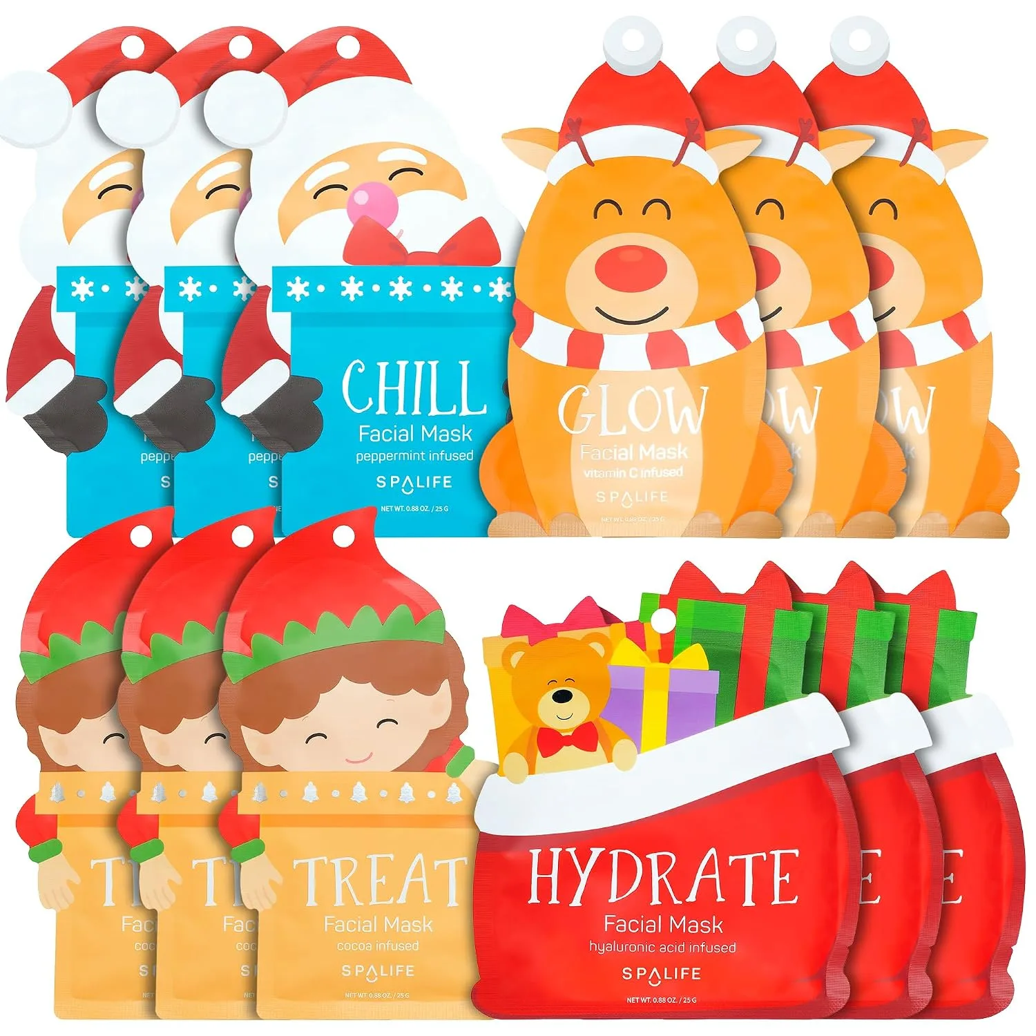 SpaLife Beauty Santa’s Squad 2025 Christmas Face Mask Bundle | Korean Facial Masks | Hydrating, Soothing, Complexion Enhancing and Firming Sheet Mask Set | Christmas Ideas for Women | 12 Pack