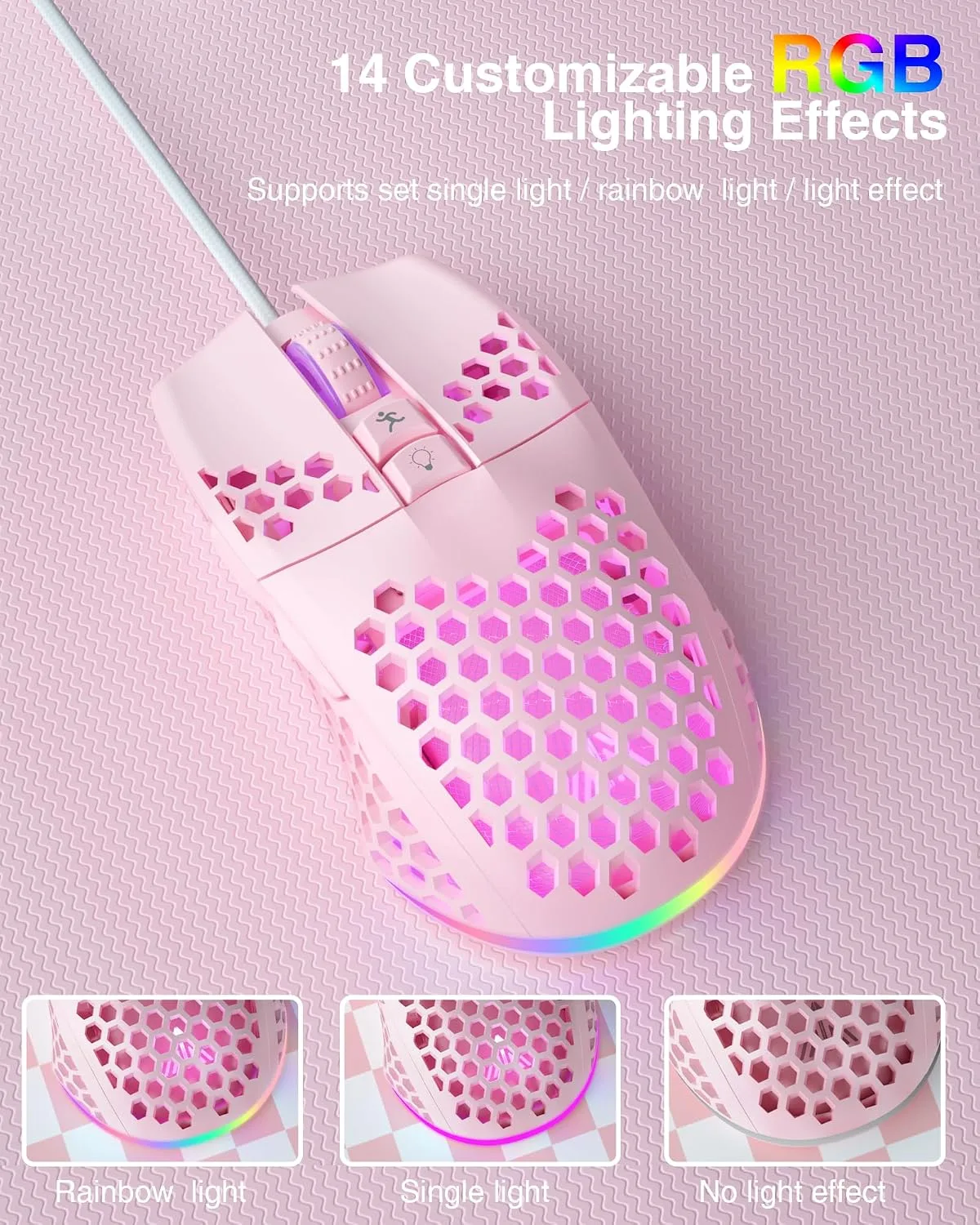SOLAKAKA SM900 Wired Gaming Mouse with Honeycomb Shell,12800 DPI,7 Programmable Buttons,Lightweight Gaming Mice Ergonomic Computer Mouse Gaming for Windows/PC/Mac/Laptop Gamer (Pink)