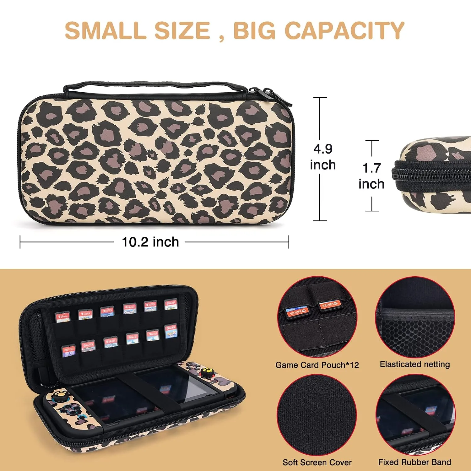 DLseego Brown Love Leopard Carrying Case for Switch, Cute Silicone Protective Soft Cover with 4PCS Thumb Grip Caps and Brown Plush Heart Pendant Hard Storage Case Accessories Kit Bundle for Girls