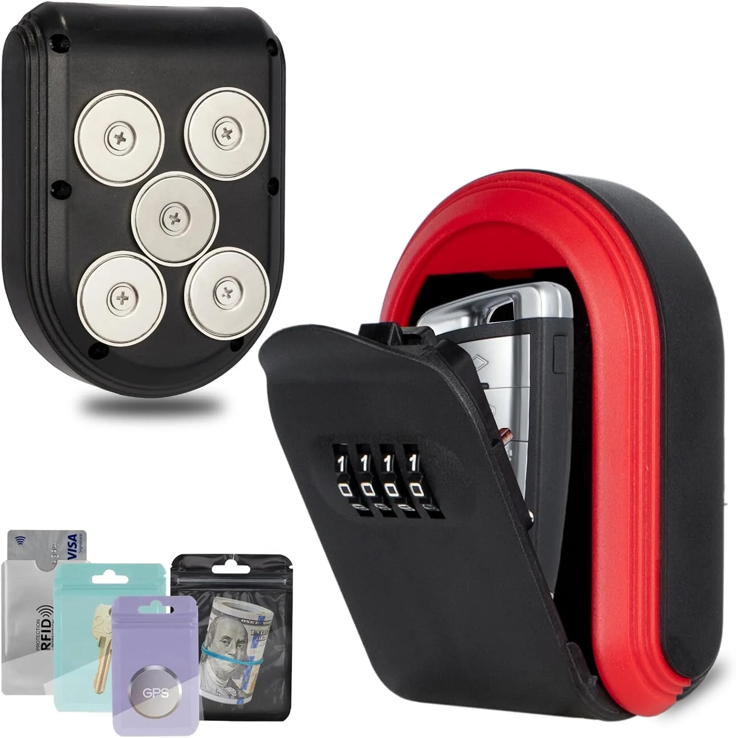 Magnetic Key Holder Under Car,Hide a Key Outside with Combination Lock box,Resettable Safe Security Code Lockbox with 5 Strong Magnets,Anti-drop Magnetic Box for Under Car,Indoor,Outdoor (Red)