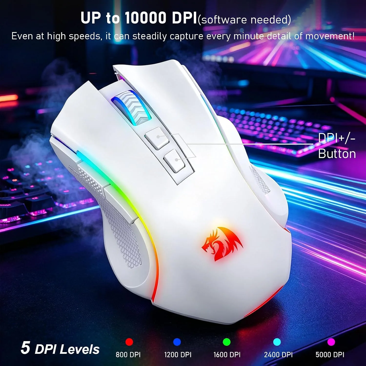 Redragon M602 Griffin Wireless RGB Gaming Mouse Tri-Mode 8000DPI - White