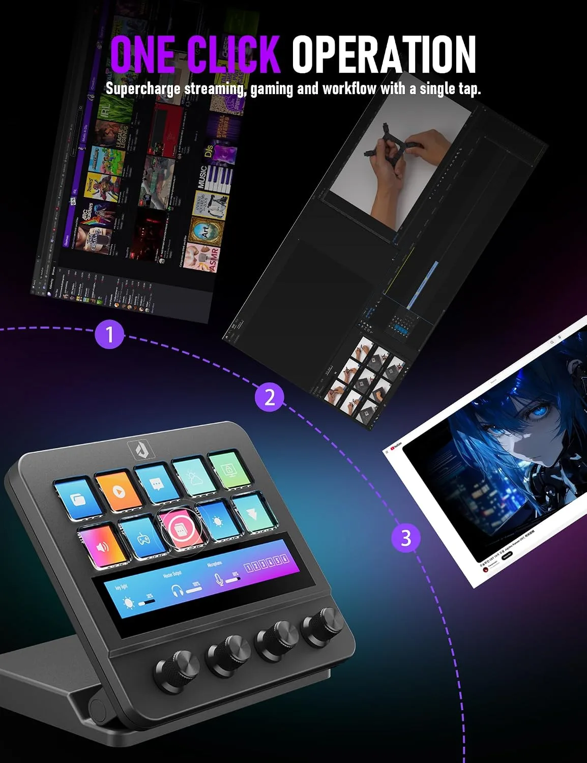 Stream Control Deck 10 Programmable Macro Keyboard 4 Knob Stream Controller 0-60° Adjustable LCD Macro Pad Wired Shortcut Keyboard for Streamers/Content Creators/Office Compatible with Windows /macOS