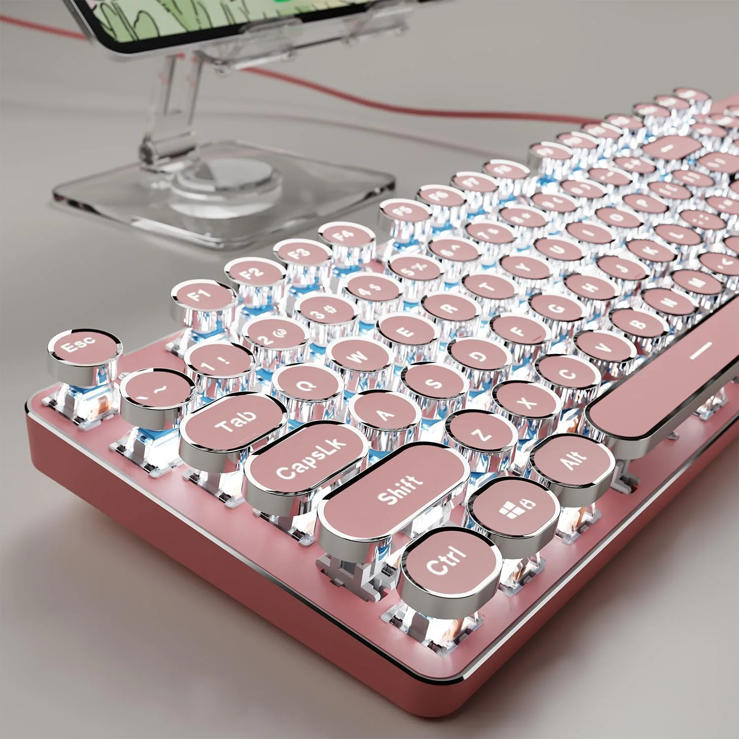 Wired Typewriter Style Mechanical Keyboard with White Backlit, Cute-Pink