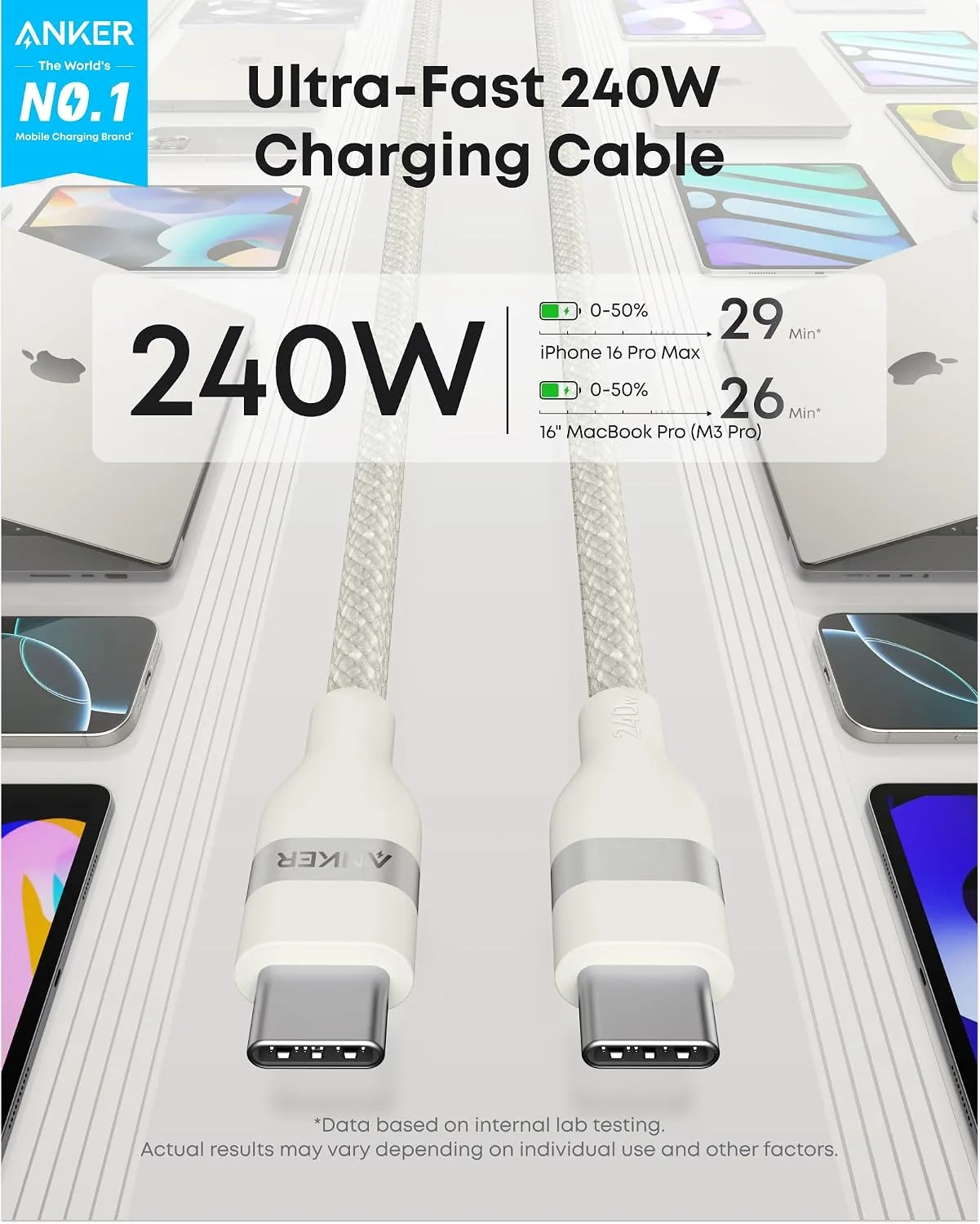 Anker Nano USB C to USB C Cable, 240W Fast Charging Cable (White, 6ft)