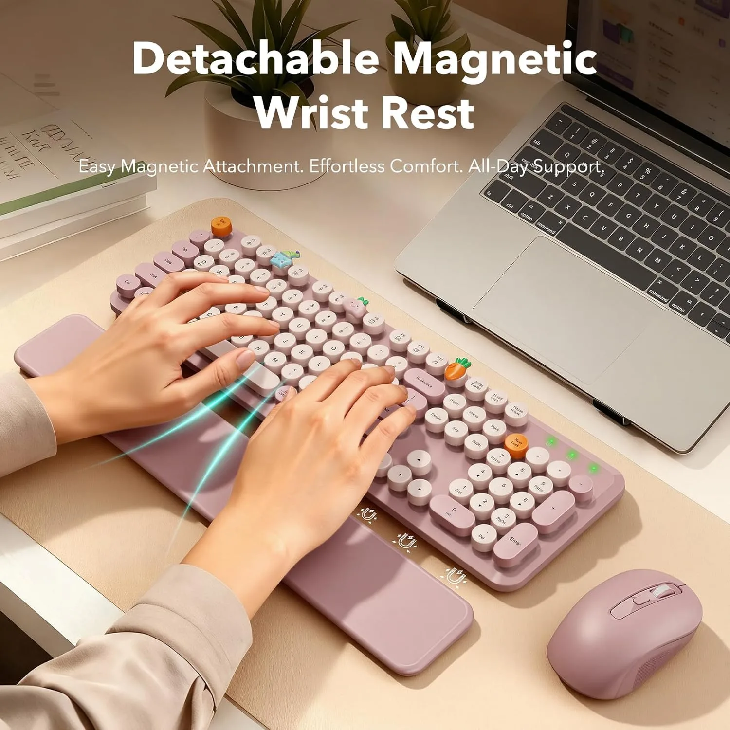 Wireless Keyboard and Mouse, Round Keycaps, Magnetic Wrist Rest, Dusty Rose