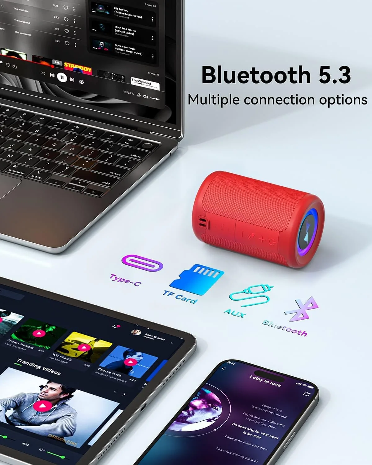 LENRUE Small Portable Bluetooth Speaker with Lights, TWS Stereo Surround Sound, Type C Powered, Bluetooth 5.3, AUX TF Card Input, Wireless for Outdoor Home, Coolest Gifts