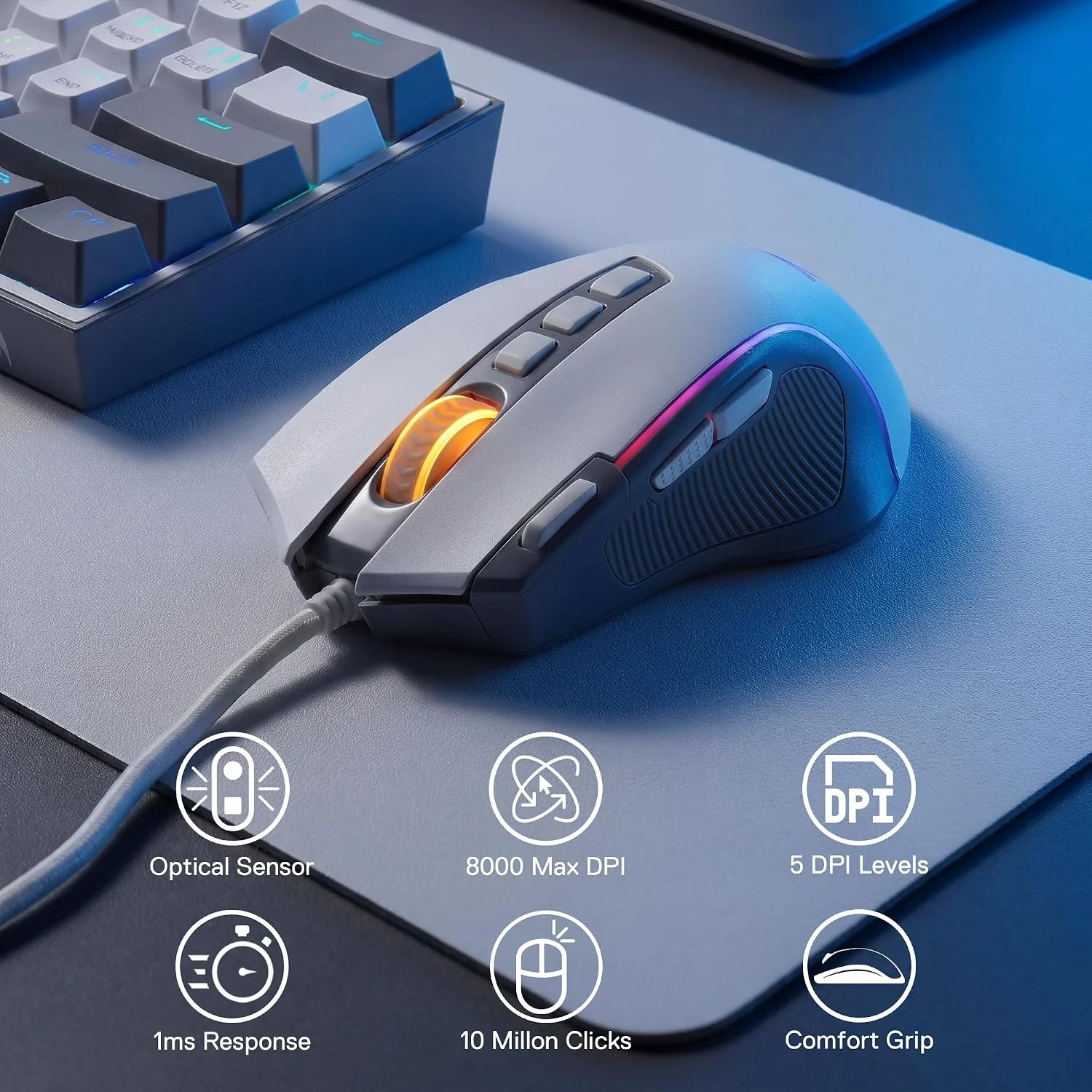 Redragon CB201 Gaming Keyboard & Mouse Combo, 61 Keys K617 Wired RGB Gaming Keyboard and 8000 DPI Wired M612 Gaming Mouse Bundle, White