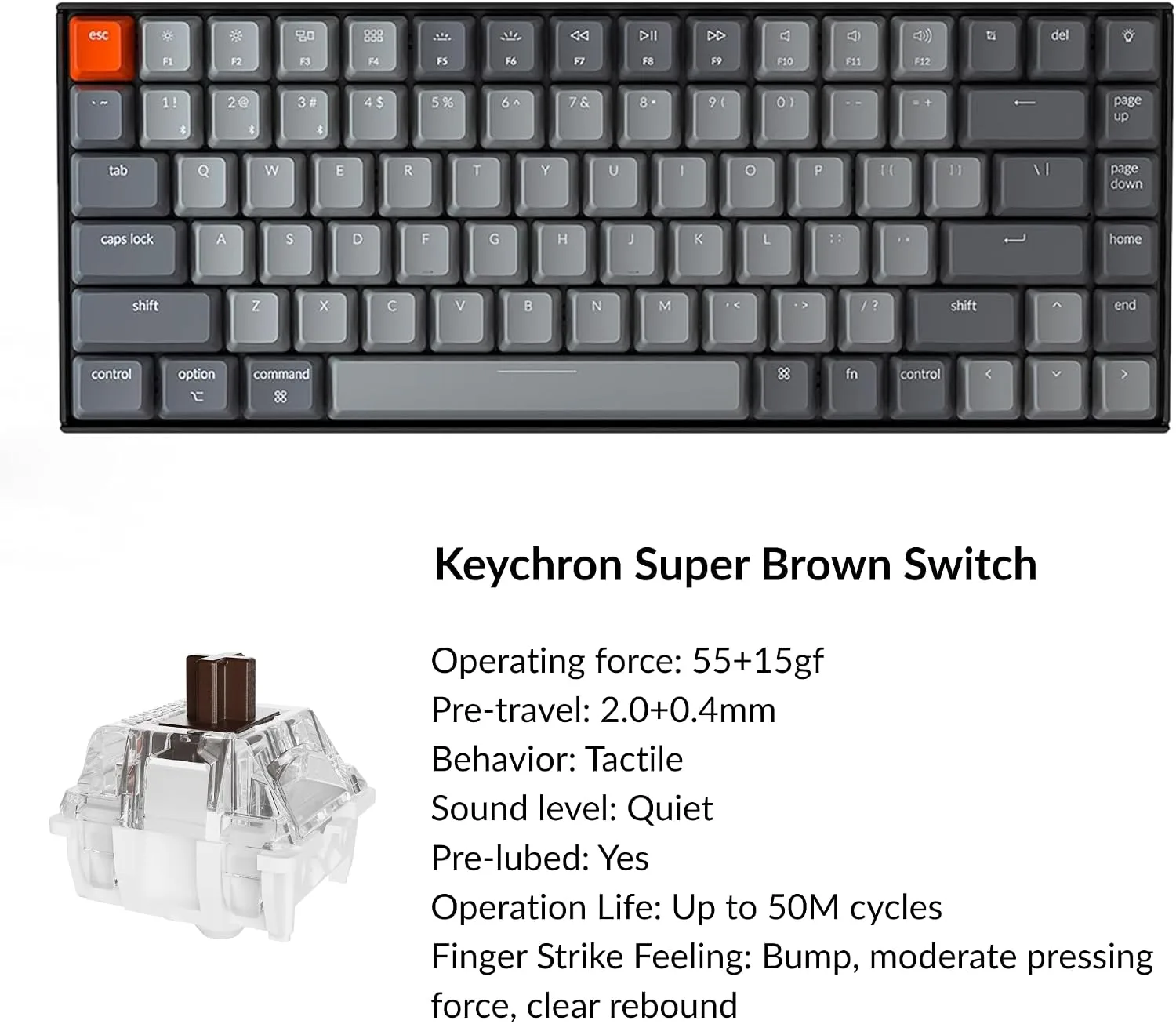Keychron K2 75% Layout Bluetooth Wireless Mechanical Keyboard Super Switch/White LED Backlit/USB C/Anti Ghosting/N-Key Rollover, 84 Keys Gaming Keyboard for Mac Windows-Version 2