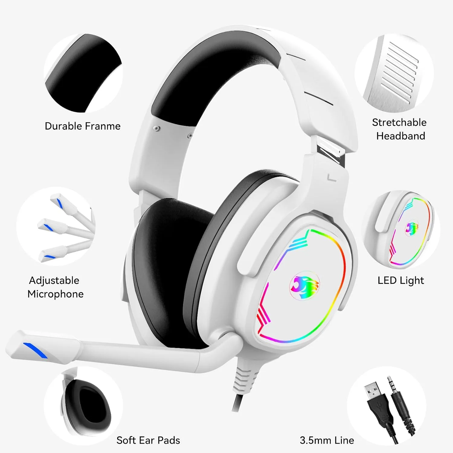 Jimonyer Gaming Headset with Microphone, 7.1 Surround Sound and Noise Canceling Over Ear Headphones for PC, PS4, PS5,Xbox Series,Switch, RGB Light and Soft Imitation Protein Earmuffs (White)
