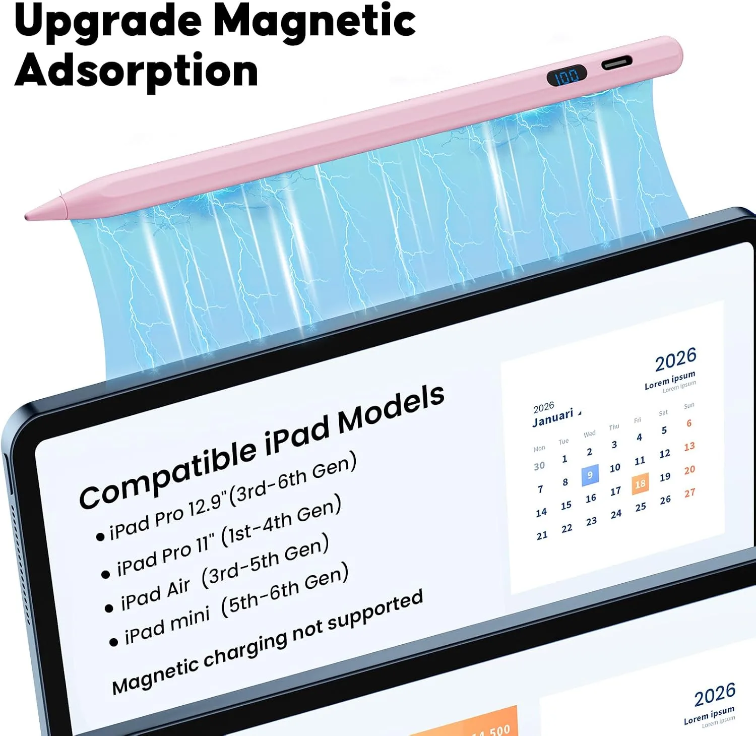 A-PCE iPad Pencil 2018-2026, Fast Charging Stylus with LED Display, Pink