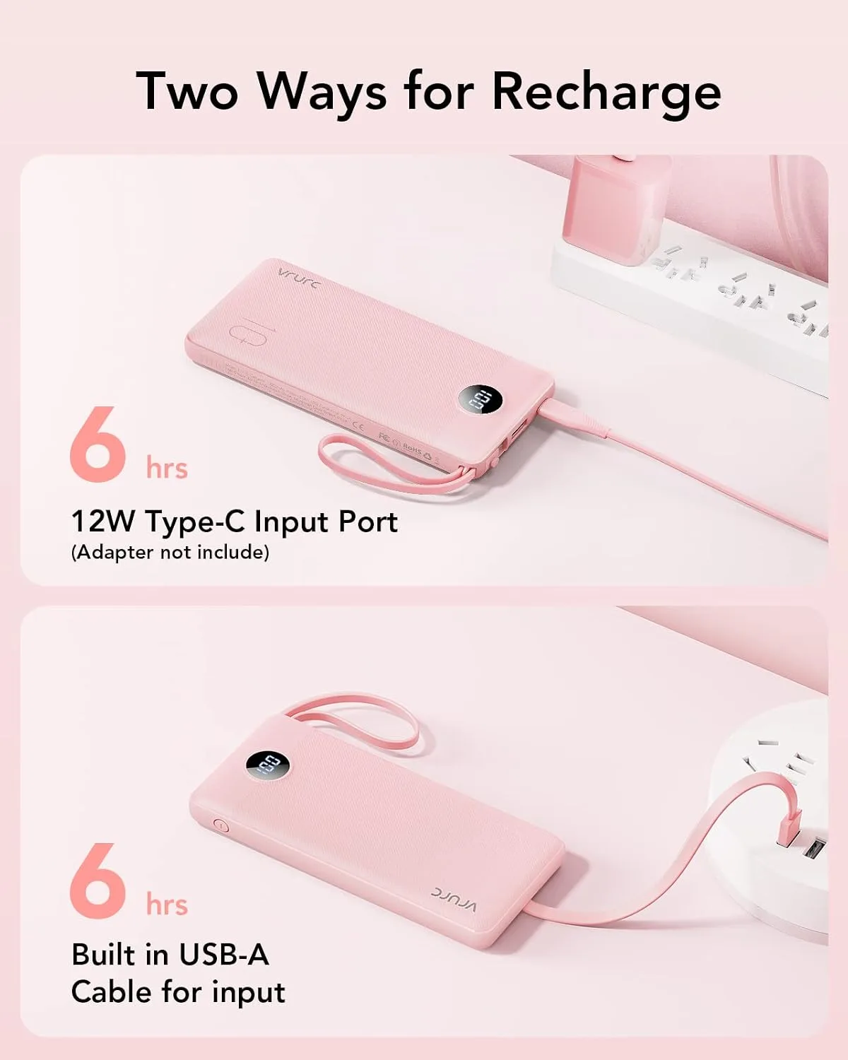 VRURC Portable Charger, Slim Power Bank Built-in 4 Cables, Travel Essential