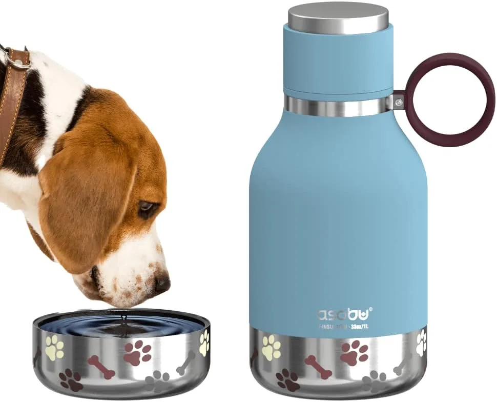 Asobu Dog Bowl Attached to Stainless Steel Insulated Travel Bottle for Human 37oz/1.1 Liter (Blue)