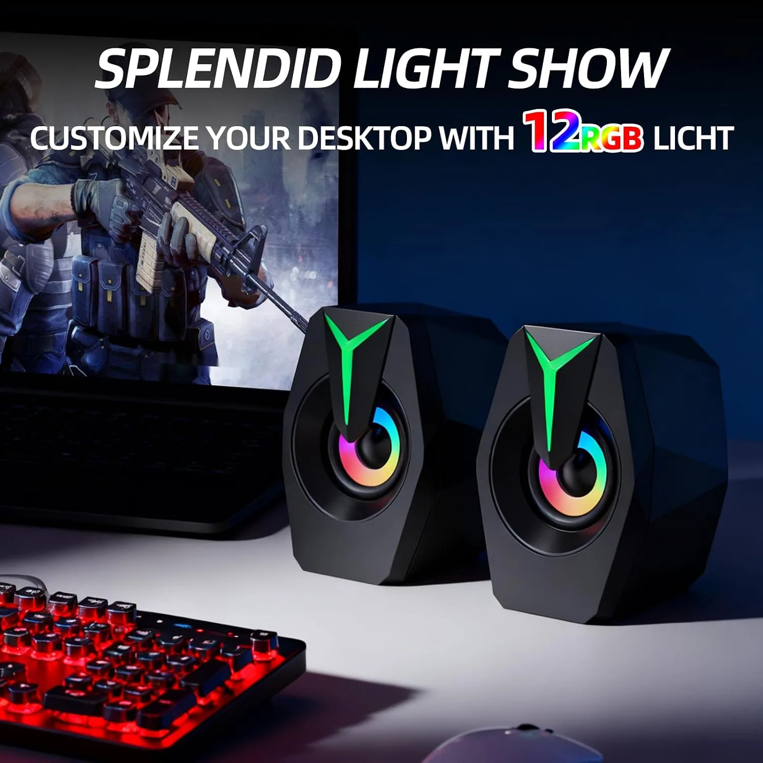 RGB Gaming Computer Speakers,USB Powered PC Sound Bar with Inline Remote Control & Dynamic Lighting for Desktop, Laptop, Monitor (Black)