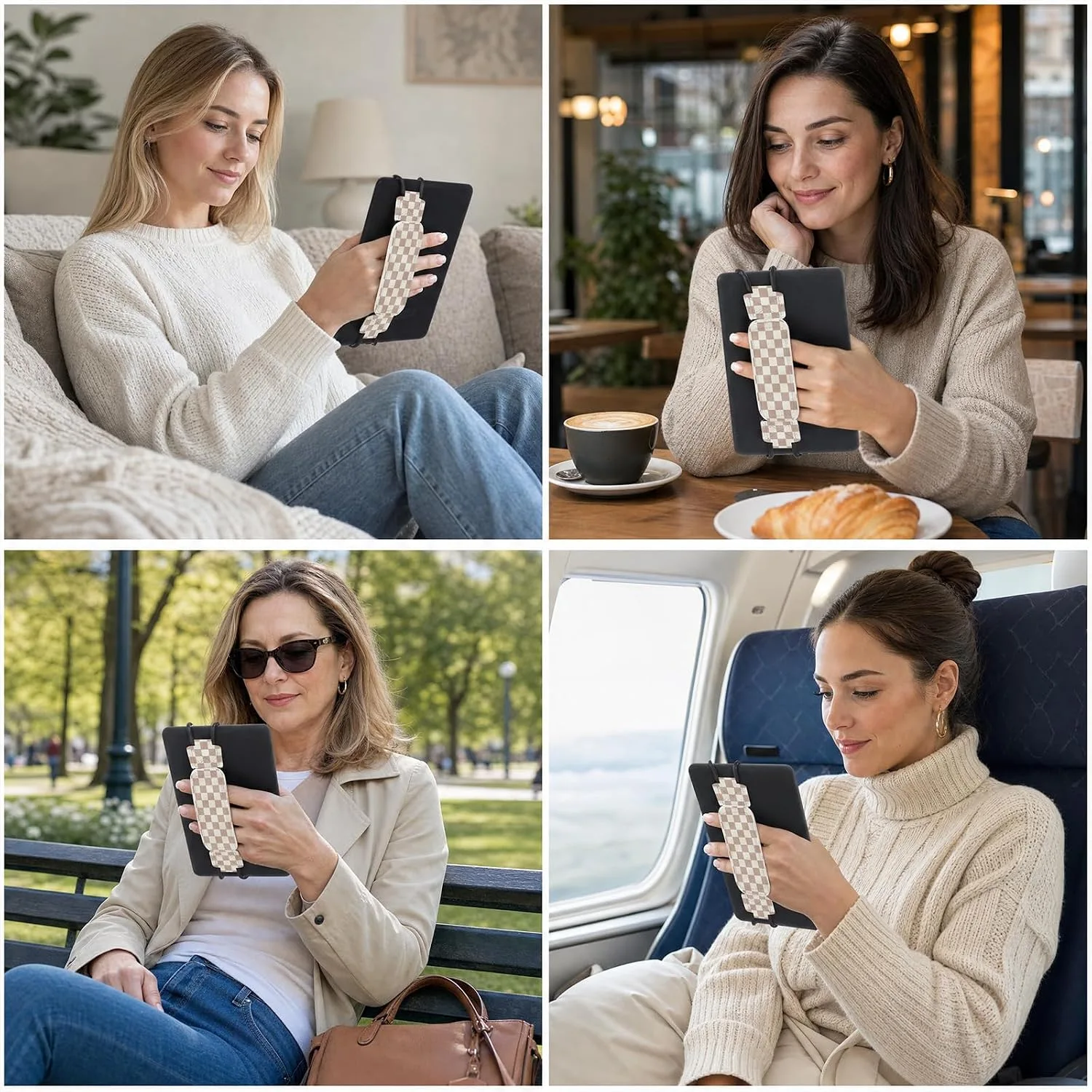 Hand Strap Accessories for Kindle - Brown Checkered Finger Grip for 6-8" Paperwhite 11th/12th Generation/Kobo/Sony/Lenovo/iPad Mini Ereader E-Book Tablet High Elasticity Holder for Reading
