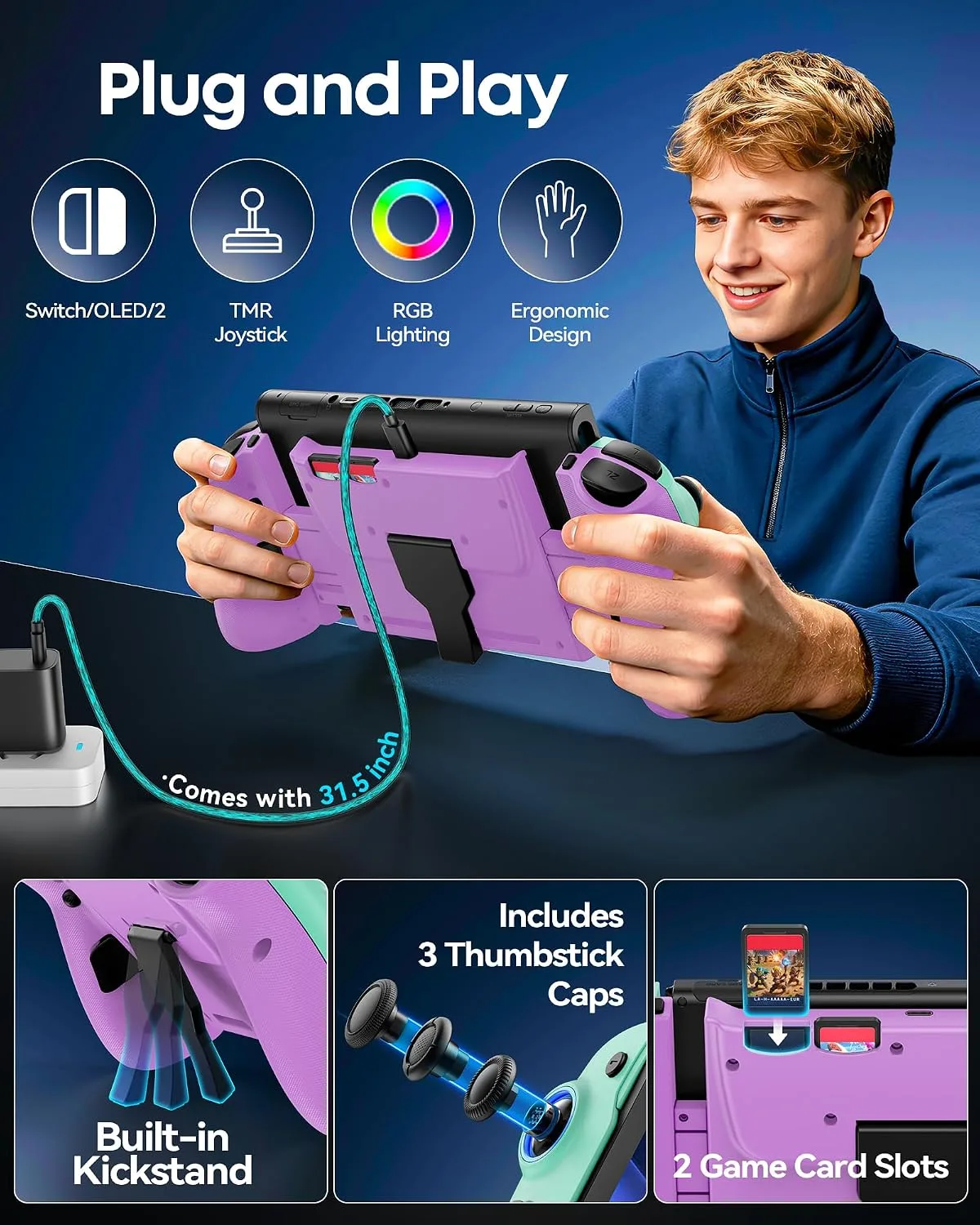 OIVO Switch 1/2 Controller for Original/OLED/Switch 2 Console, Stretchable Switch Handheld Joypad Ergonomic Grip for NS Pro Controller with RGB Light, TMR Joystick, Turbo, 4 Macro, Green & Purple
